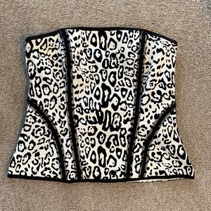 White and black leopard bustier with back zipper.